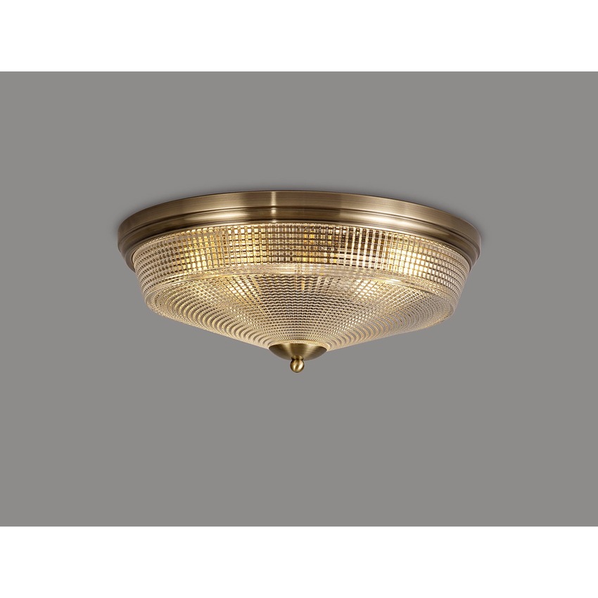 Photograph: Idolite Sheridan Antique Brass 3 Light Flush Ceiling Light Complete With Prismatic Glass Shade