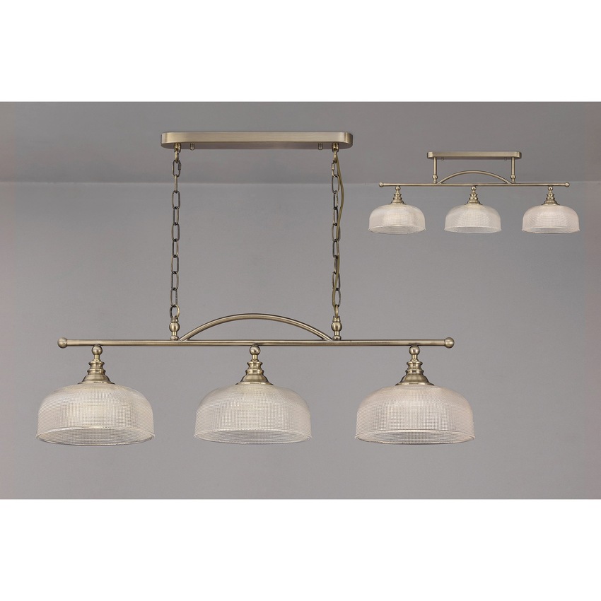 Photograph: Idolite Sheridan Antique Brass 3 Light Linear Bar Pendant Complete With Prismatic Glass Shades