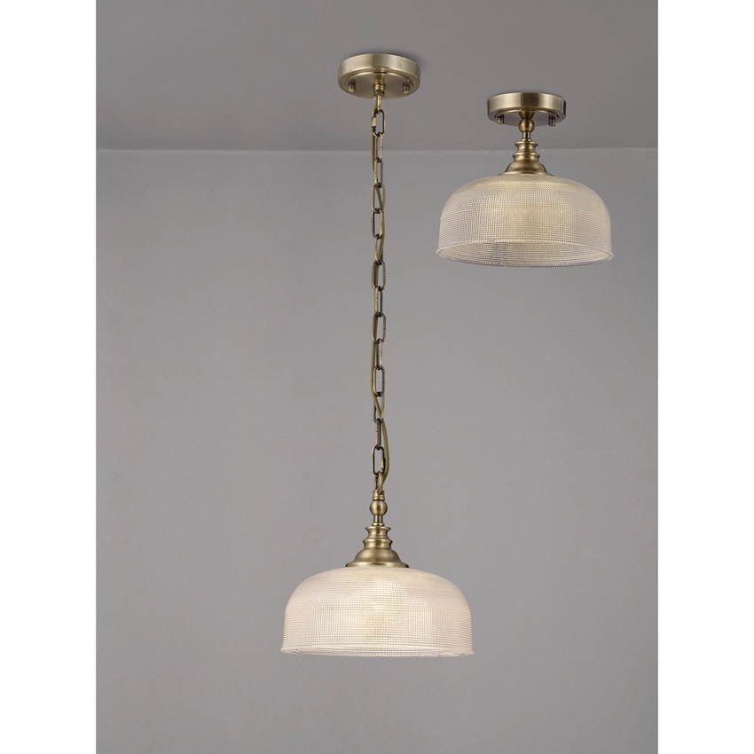 Photograph: Idolite Sheridan Antique Brass Single Pendant Light Complete With Prismatic Glass Shade