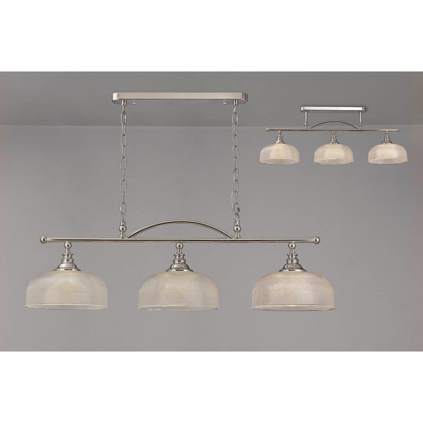 Photograph: Idolite Sheridan Polished Nickel 3 Light Linear Bar Pendant Complete With Prismatic Glass Shades