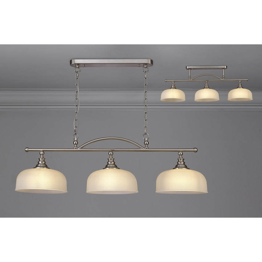 Photograph: Idolite Sheridan Satin Nickel 3 Light Linear Bar Pendant Complete With Frosted Glass Shades