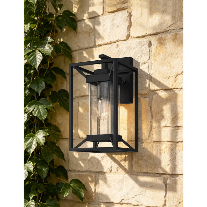 Photograph: Idolite Shrewsbury Downward Facing Black Frame Small Exterior Wall Light Complete With Clear Seeded Glass - IP54