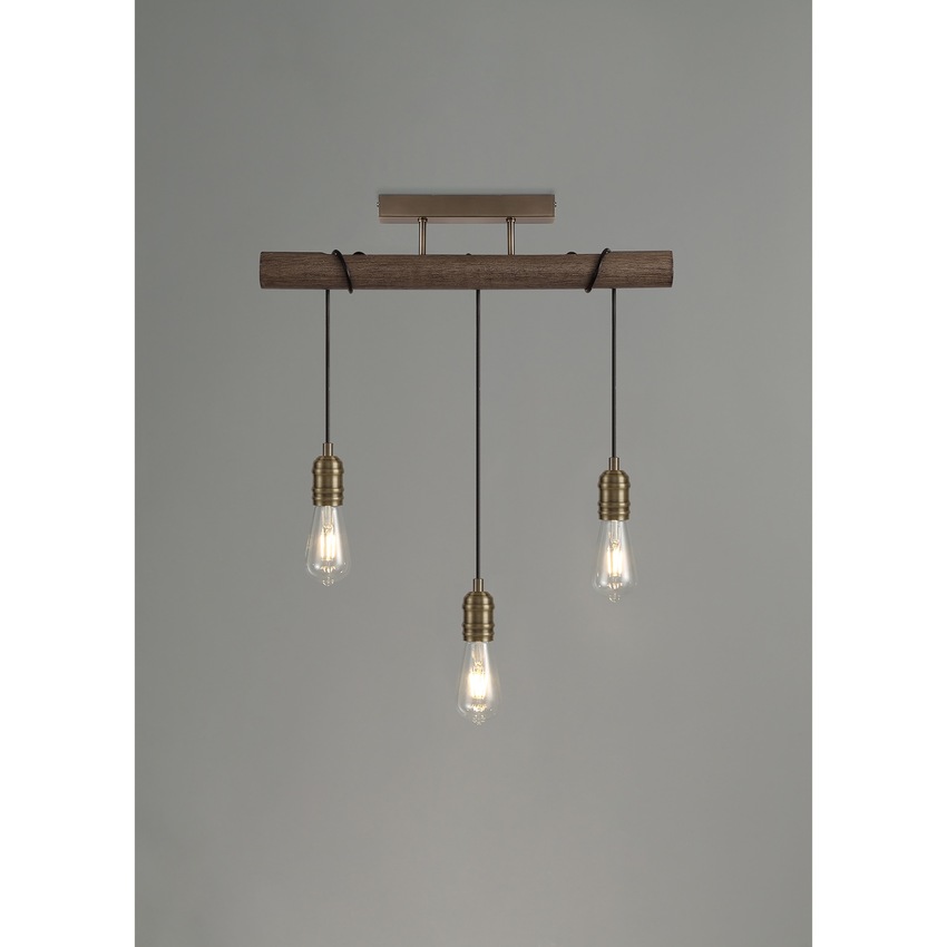 Photograph: Idolite Skylar Medium Oak 3 Light Linear Pendant C/W Antique Brass Lamp Holders