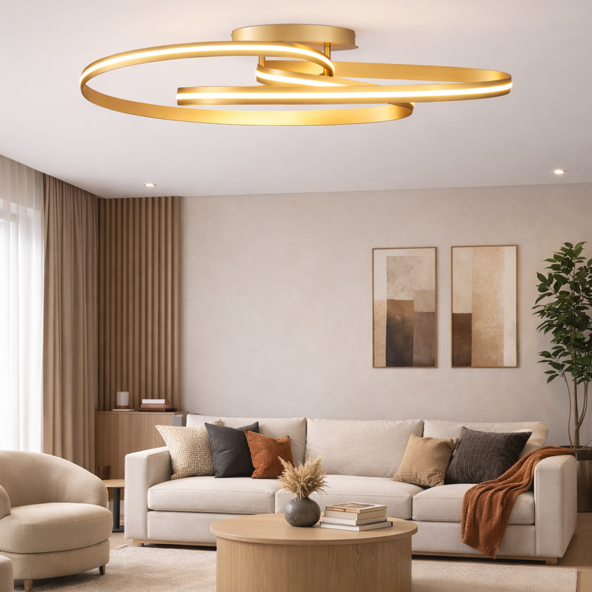 Photograph: Idolite Sleek Gold Double Loop Flush Ceiling Light, 45W LED, Triac Dimmable, 3000K, 4400lm
