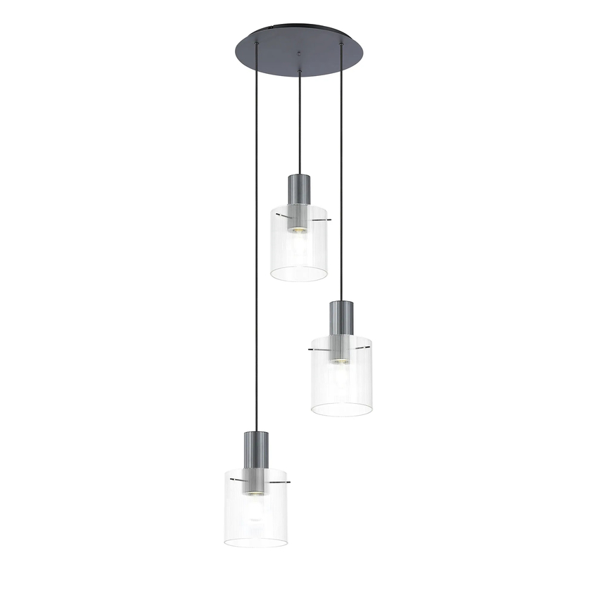 Photograph: Idolite Snowdon 3 Light Cluster Pendant In Dark Grey With Clear Ribbed Glass Shades