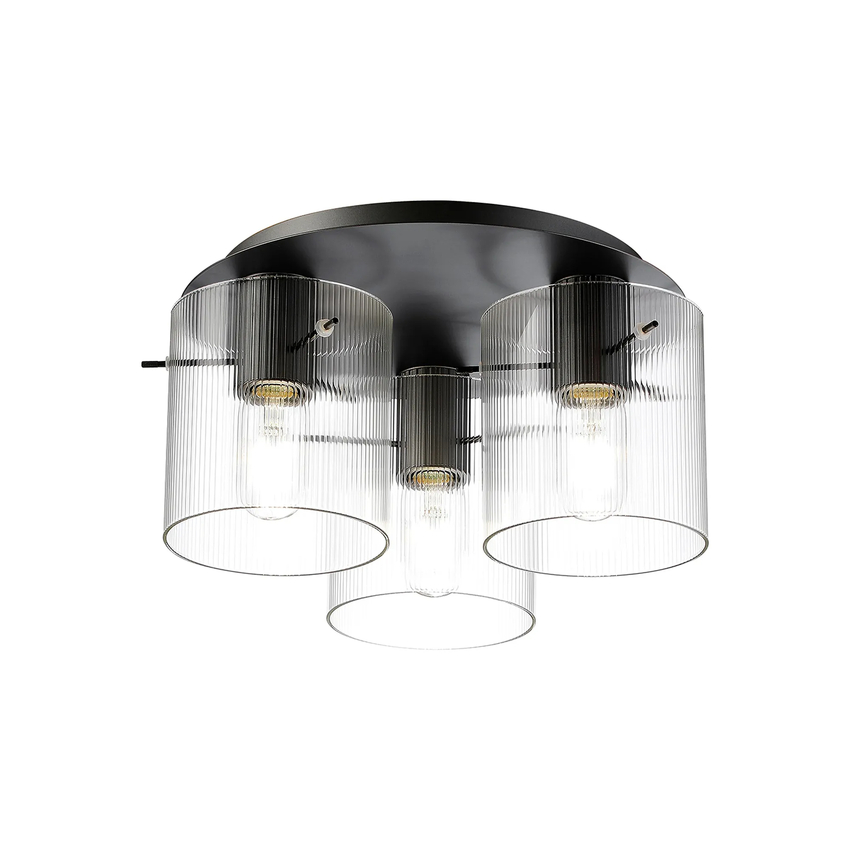 Photograph: Idolite Snowdon 3 Light Flush Ceiling Light In Dark Grey With Clear Ribbed Glass Shades