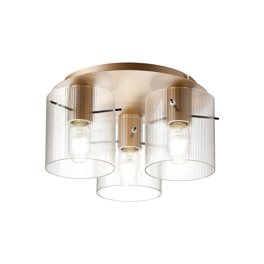 Photograph: Idolite Snowdon 3 Light Flush Ceiling Light In Gold With Clear Ribbed Glass Shades