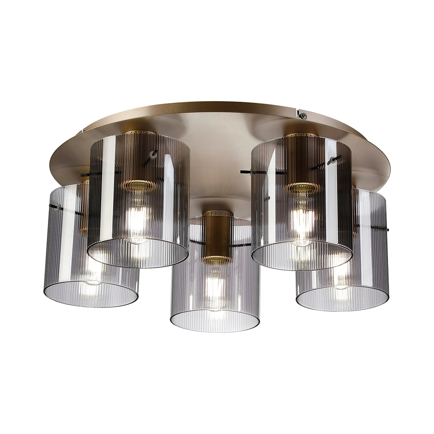 Photograph: Idolite Snowdon 5 Light Flush Ceiling Light In Gold With Smoke Ribbed Glass Shades