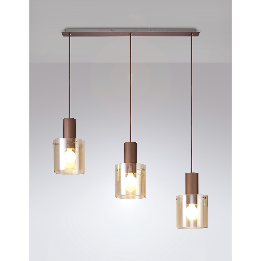 Photograph: Idolite Snowdon Mocha Finish 3 Light Linear Bar Pendant C/W Amber Glasses