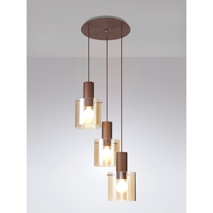 Photograph: Idolite Snowdon Mocha Finish 3 Light Pendant C/W Amber Glasses