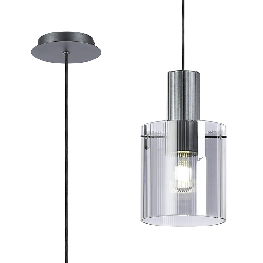 Photograph: Idolite Snowdon Single Pendant Light In Dark Grey With Smoke Ribbed Glass Shade