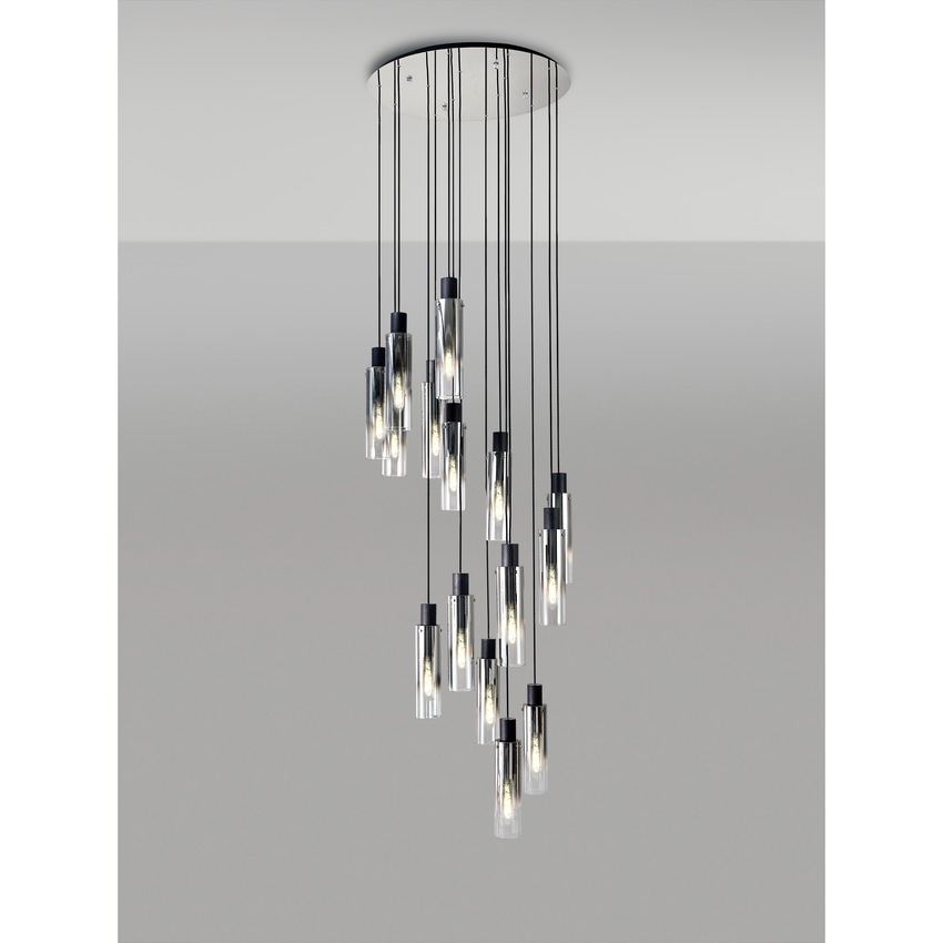 Photograph: Idolite Snowdon Slim Black/Polished Chrome 15 Light Pendant With Smoked/Clear Ombre Glasses