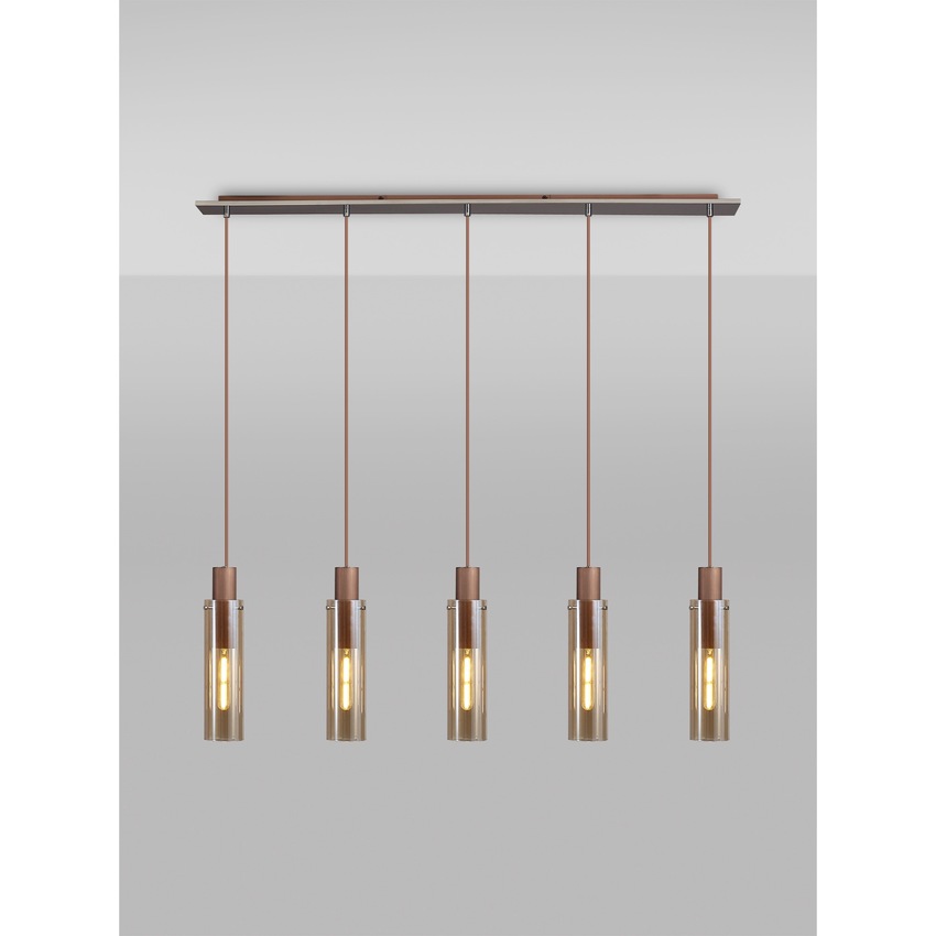 Photograph: Idolite Snowdon Slim Mocha 5 Light Linear Bar Pendant Complete With Amber Glass Shades