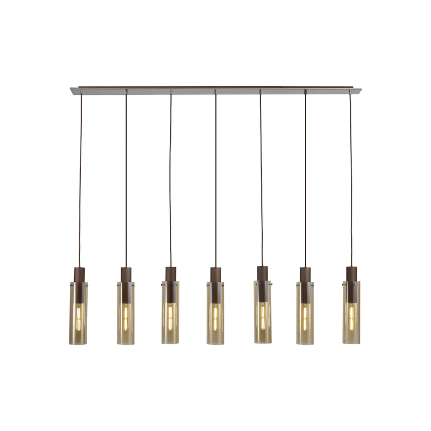 Photograph: Idolite Snowdon Slim Mocha 7 Light Linear Bar Pendant Complete With Amber Glass Shades