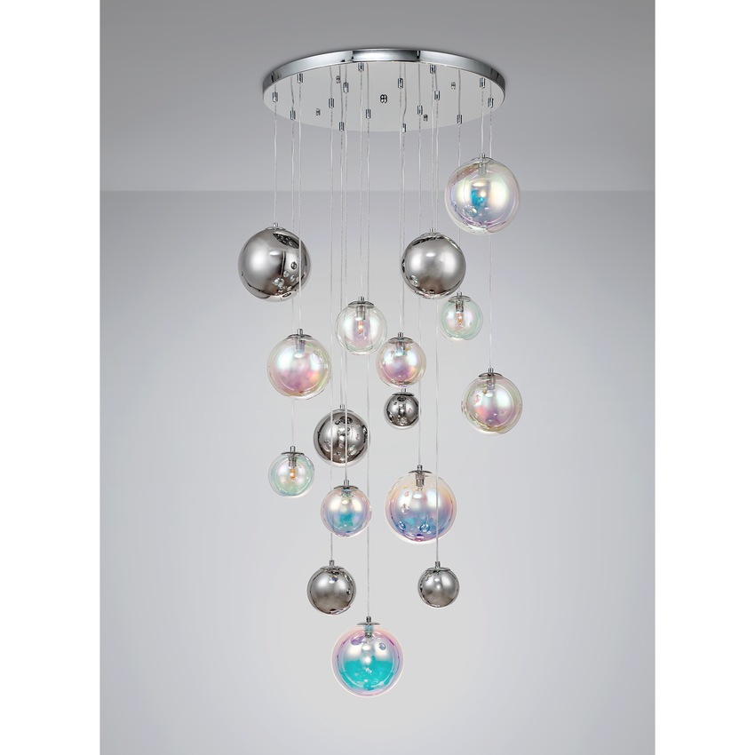 Photograph: Idolite Stockwell Polished Chrome 16 Light Pendant Light C/W Iridescent Glass Globes