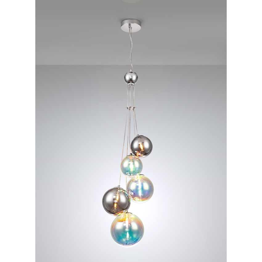 Photograph: Idolite Stockwell Polished Chrome 5 Light Pendant Light C/W Iridescent Glass Globes