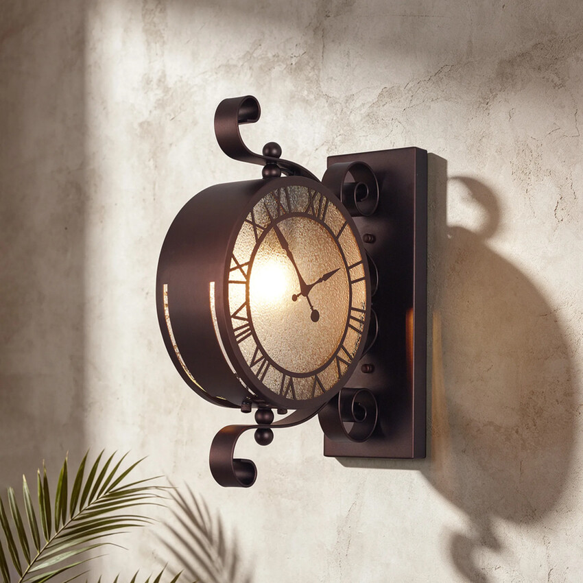 Photograph: Idolite Stone Oil Rubbed Brass Finish Outdoor Clock Wall Light Complete With Textured Glass - IP54