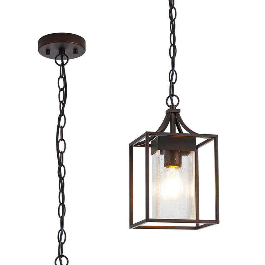Photograph: Idolite Surrey Oil Rubbed Brass Finish Cube Pendant Light Complete With Clear Seeded Glass - IP54