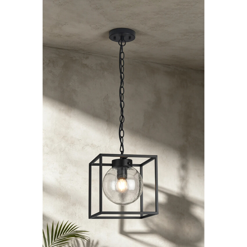 Photograph: Idolite Telford Satin Black Large Square Frame Outdoor Pendant Light Complete With Clear Seeded Glass - IP54