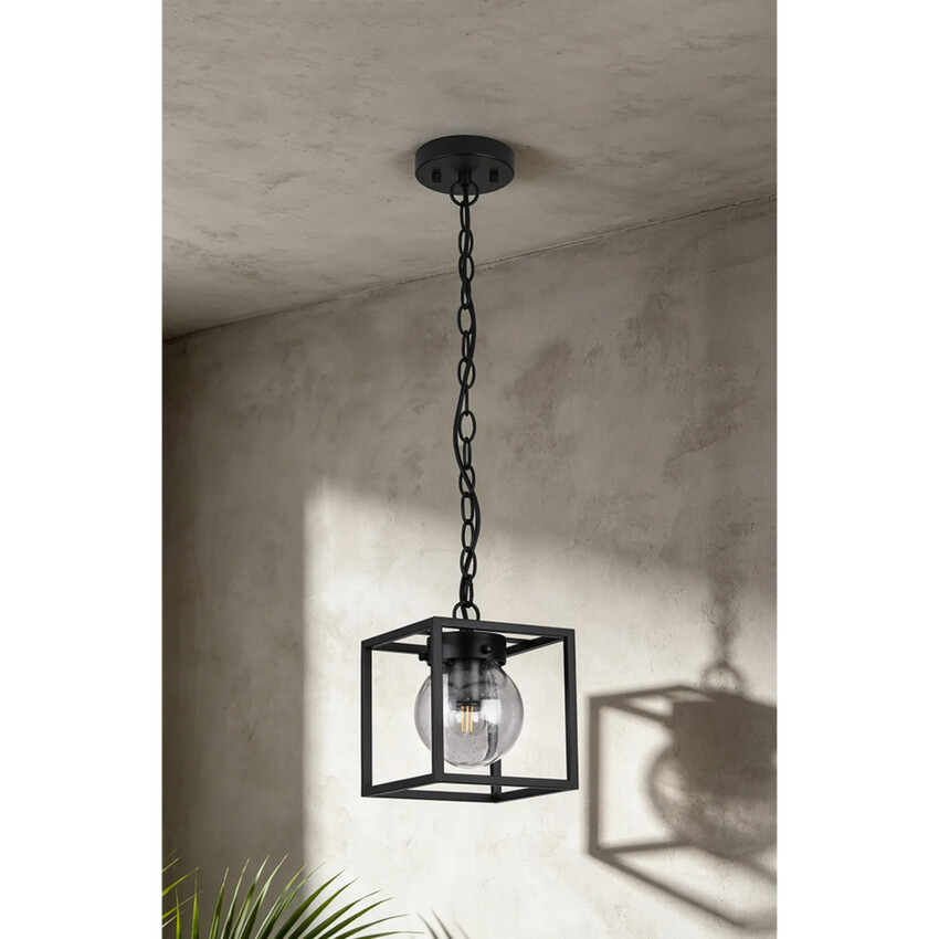Photograph: Idolite Telford Satin Black Small Square Frame Outdoor Pendant Light Complete With Clear Seeded Glass - IP54