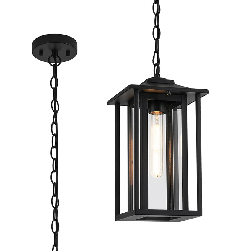Photograph: Idolite Trentham Rectangular Black Downward Facing Exterior Pendant Light Complete With Clear Glass - IP54