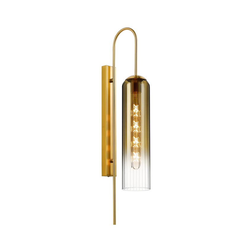 Photograph: Idolite Var Gold Long Linear Wall Light Complete With A Gold Fade Cylindrical Ribbed Glass