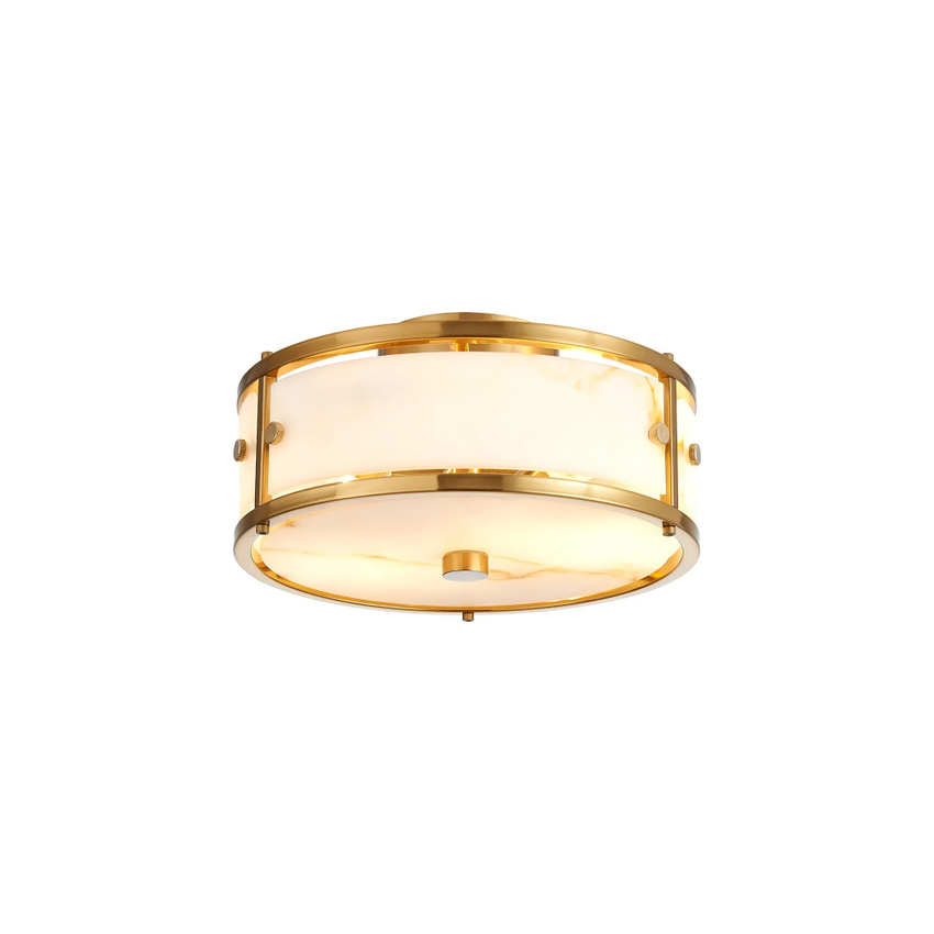 Photograph: Idolite Vault 25cm 2 Light Round Flush Bathroom Ceiling Light Brass/Brown Faux Alabaster (B) Glass - IP44