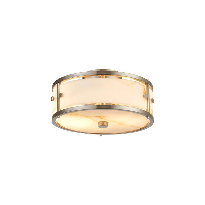 Photograph: Idolite Vault 25cm 2 Light Round Flush Bathroom Ceiling Light Satin Nickel/Brown Faux Alabaster (B) Glass - IP44