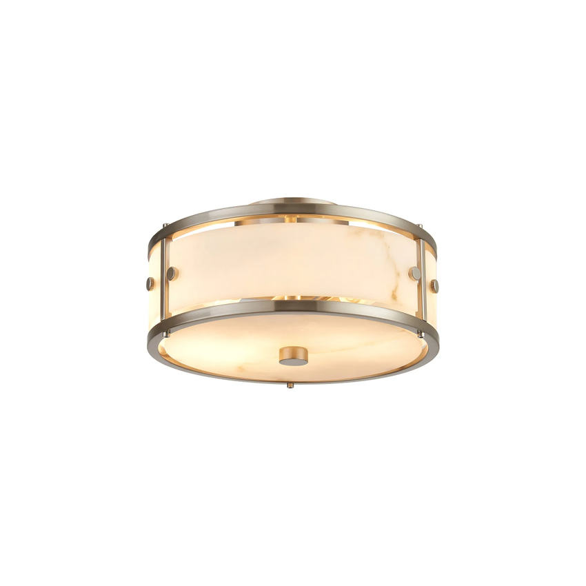 Photograph: Idolite Vault 25cm 2 Light Round Flush Bathroom Ceiling Light Satin Nickel/Grey Faux Alabaster (B) Glass - IP44