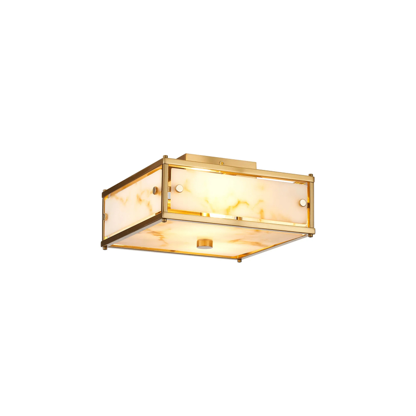 Photograph: Idolite Vault 25x25cm 2 Light Square Flush Bathroom Ceiling Light Brass/Brown Faux Alabaster (B) Glass - IP44
