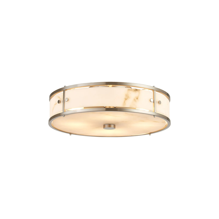 Photograph: Idolite Vault 40cm 4 Light Round Flush Bathroom Ceiling Light Satin Nickel/Grey Faux Alabaster (B) Glass - IP44