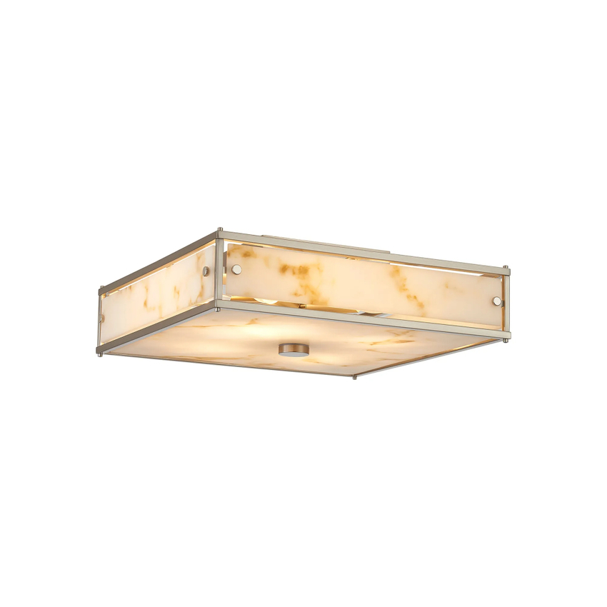 Photograph: Idolite Vault 40x40cm 4 Light Square Flush Bathroom Ceiling Light Satin Nickel/Brown Faux Alabaster (B) Glass - IP44