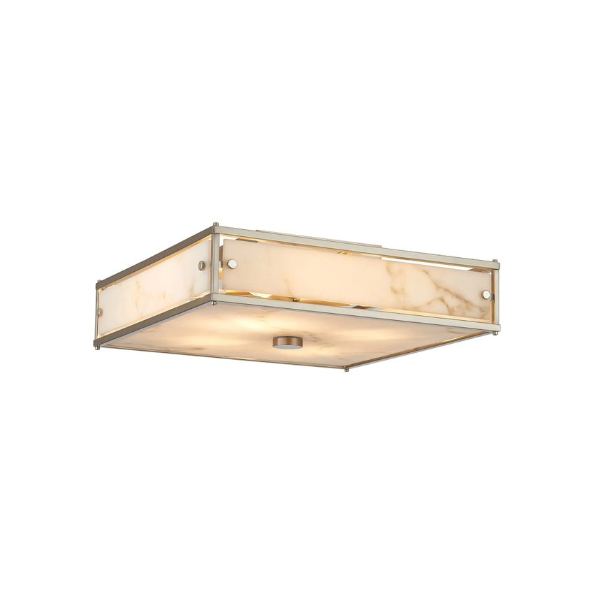 Photograph: Idolite Vault 40x40cm 4 Light Square Flush Bathroom Ceiling Light Satin Nickel/Grey Faux Alabaster (B) Glass - IP44