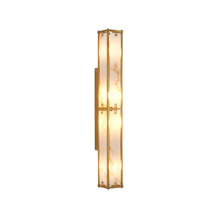 Photograph: Idolite Vault 75cm 4 Light Rectangular Bathroom Wall Light Brass/Brown Faux Alabaster (B) Glass - IP44
