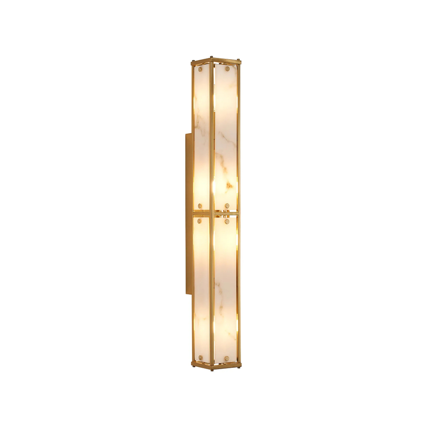 Photograph: Idolite Vault 75cm 4 Light Rectangular Bathroom Wall Light Brass/Grey Faux Alabaster (B) Glass - IP44