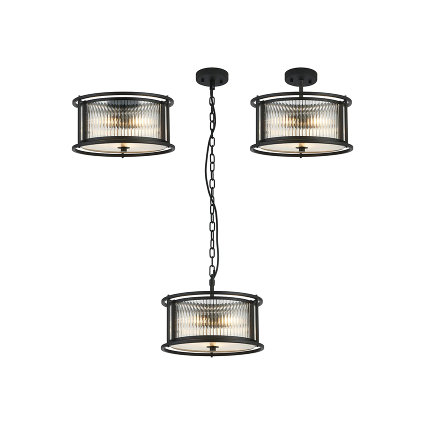 Photograph: Idolite Waine 35cm 3 Light Round Flush Ceiling/Pendant Convertible Black/Clear Glass