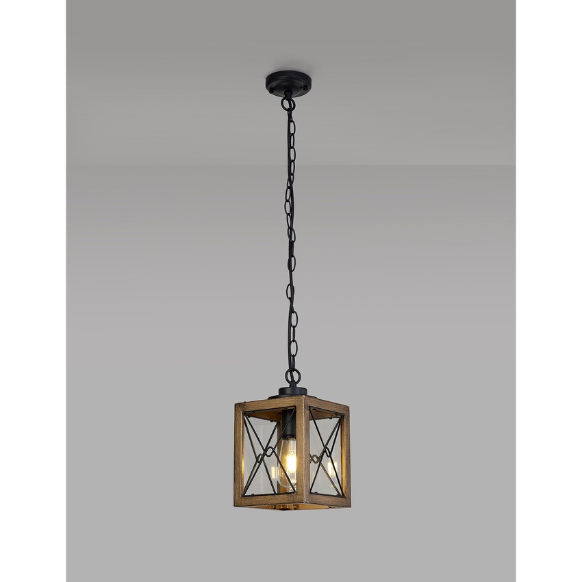 Photograph: Idolite Whelan Wood Effect And Black Square Lantern Pendant Light With Clear Glasses