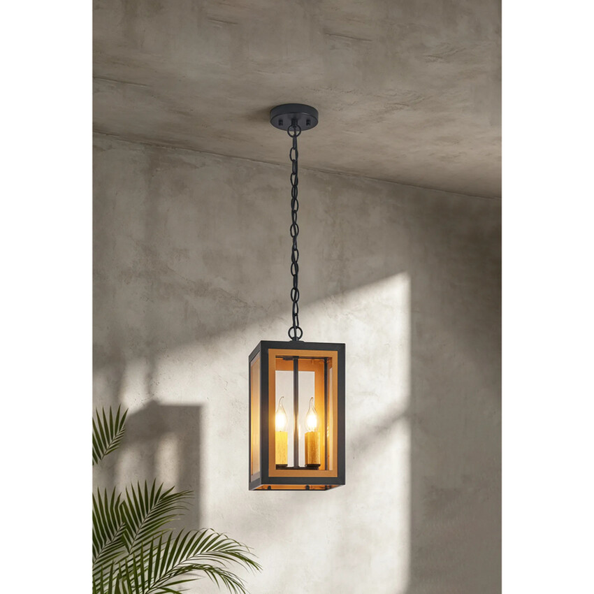 Photograph: Idolite Wilmslow Satin Black And Gold 2 Light Small Rectangular Pendant Light With Clear Glass Lens - IP54