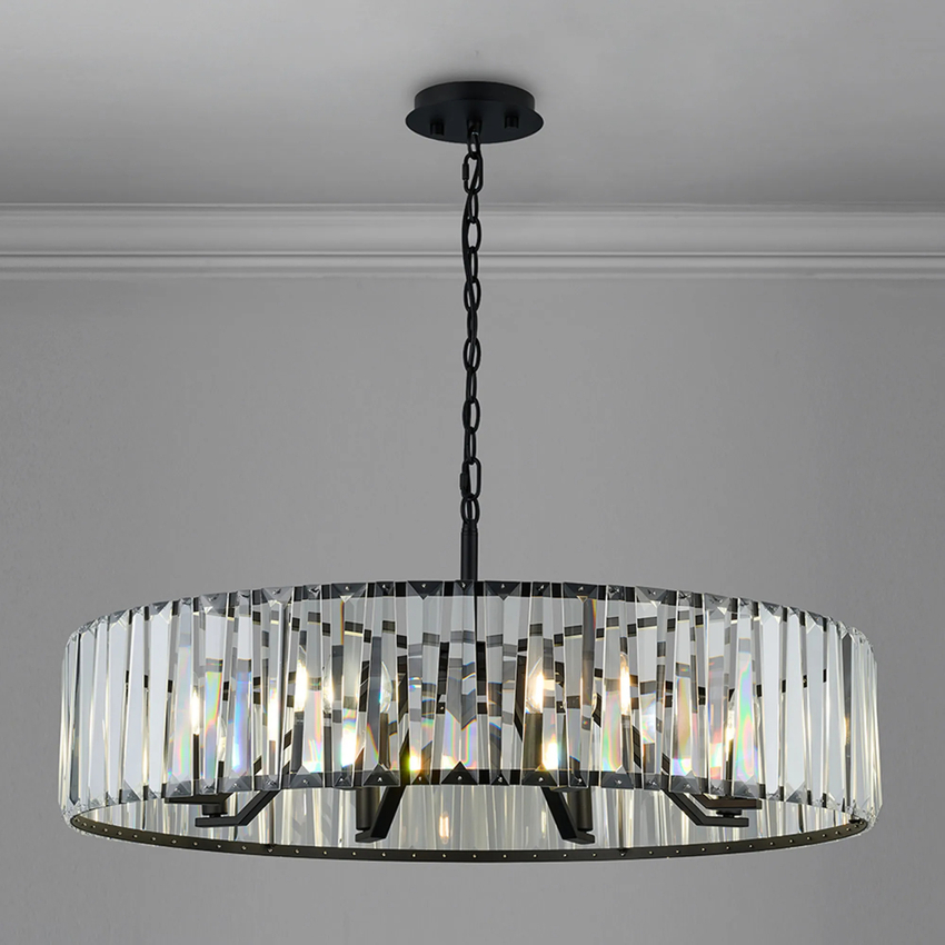 Photograph: Idolite Windsor Satin Black Round 8 Light Crystal Pendant Light - 90cm
