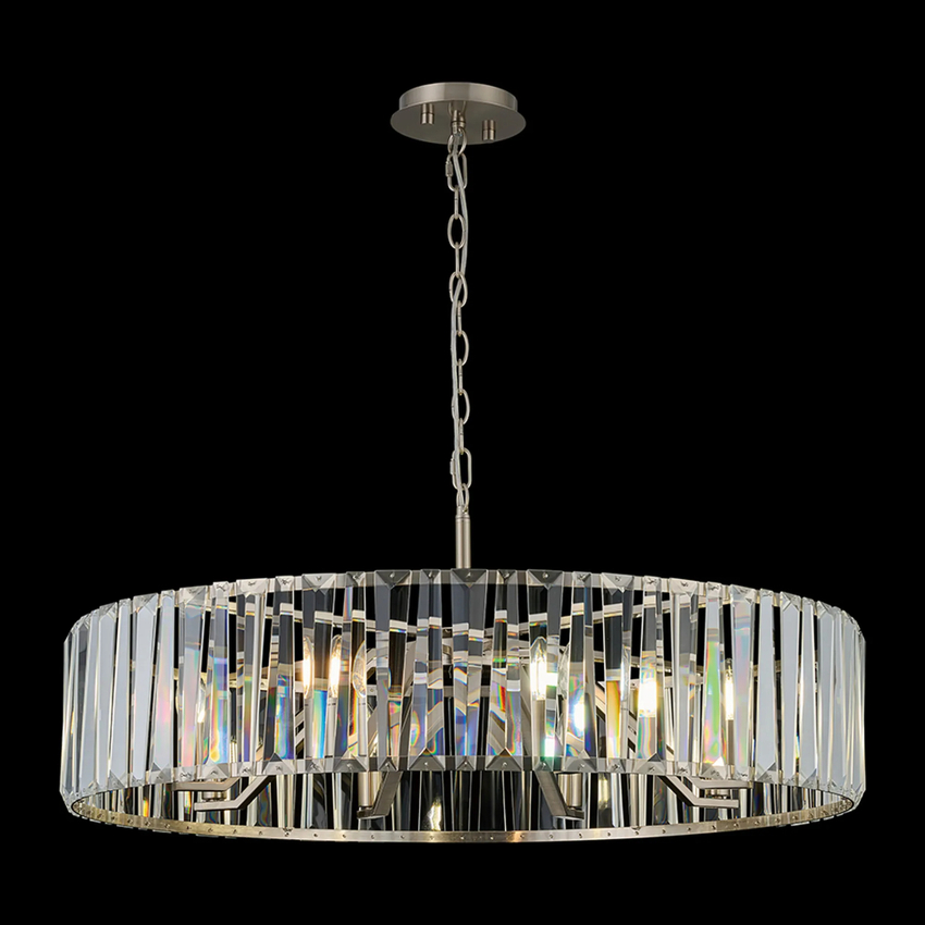 Photograph: Idolite Windsor Satin Nickel Round 8 Light Crystal Pendant Light - 90cm