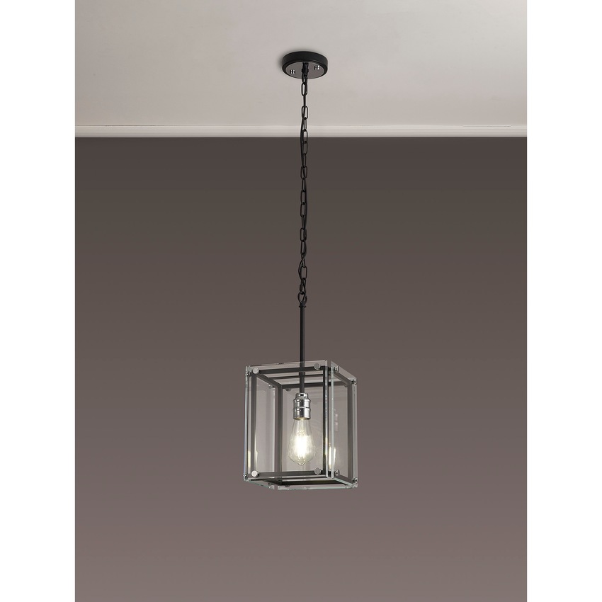 Photograph: Idolite Wiredu Matt Black & Polished Chrome Single Pendant/Semi Flush Ceiling Light With Clear Glass Panels