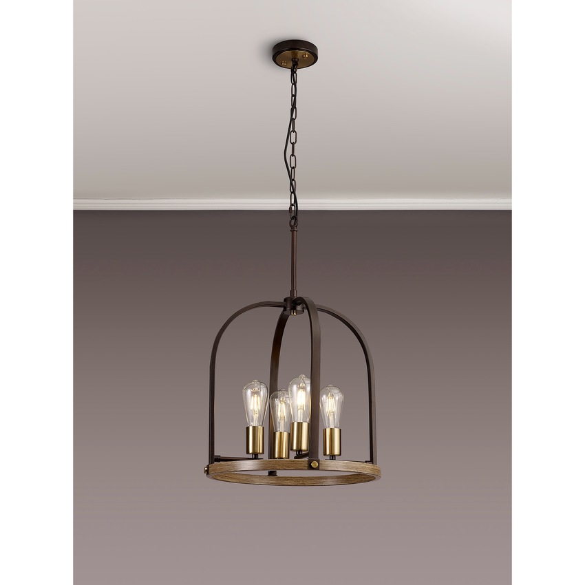 Photograph: Idolite Zala Brown Oxide 4 Light Pendant/Semi Flush Ceiling Light With Antique Bronze & Wood Detailing