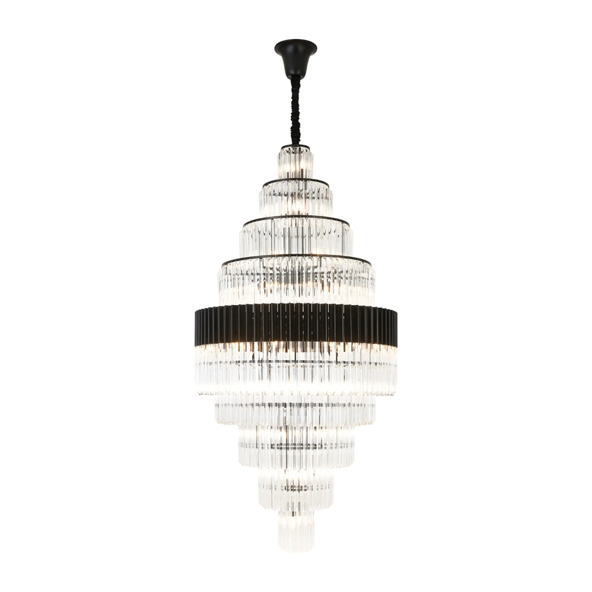 Photograph: Idolote Carpathian 90cm 9 Tier Extra Large Diamond Round Glass 9 Tier Pendant Light in Black Complete With Clear Sculpted Glass
