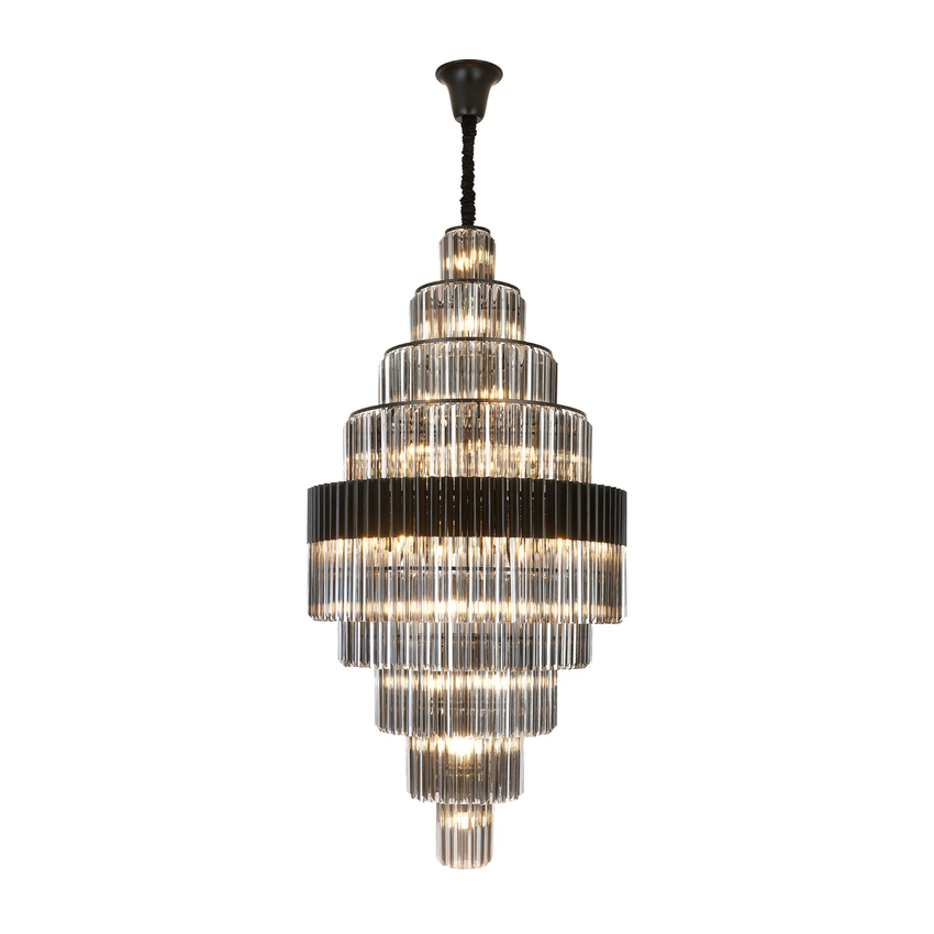 Photograph: Idolote Carpathian 90cm 9 Tier Extra Large Diamond Round Glass 9 Tier Pendant Light in Black Complete With Clear Smoked Glass