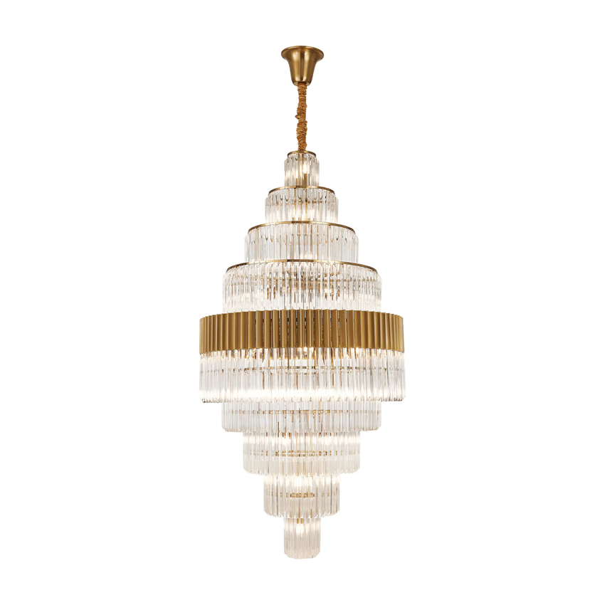 Photograph: Idolote Carpathian 90cm 9 Tier Extra Large Diamond Round Glass 9 Tier Pendant Light in Brass Complete With Clear Sculpted Glass