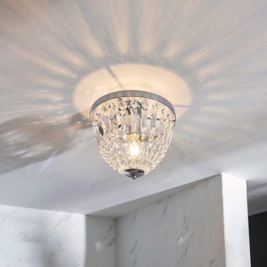 Photograph: ION/FL Polished Chrome Flush 1 Light Ceiling Light Complete With Crystal Decoration - IP44