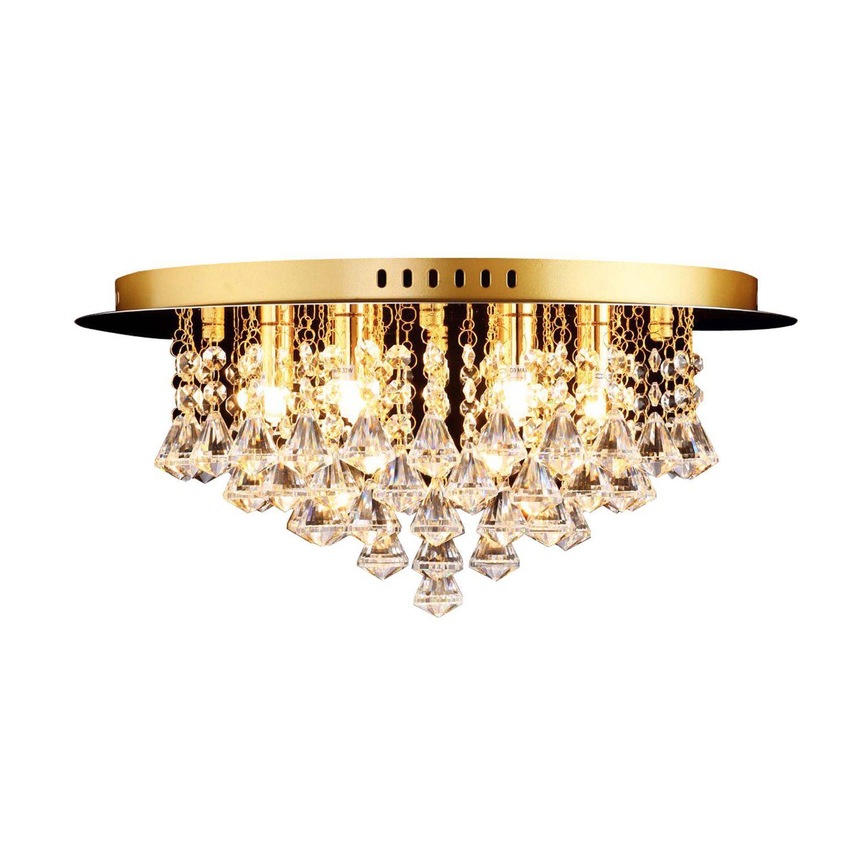 Photograph: Isabella Medium Gold 6 Light Flush Crystal Ceiling Light With Hexagonal Droppers