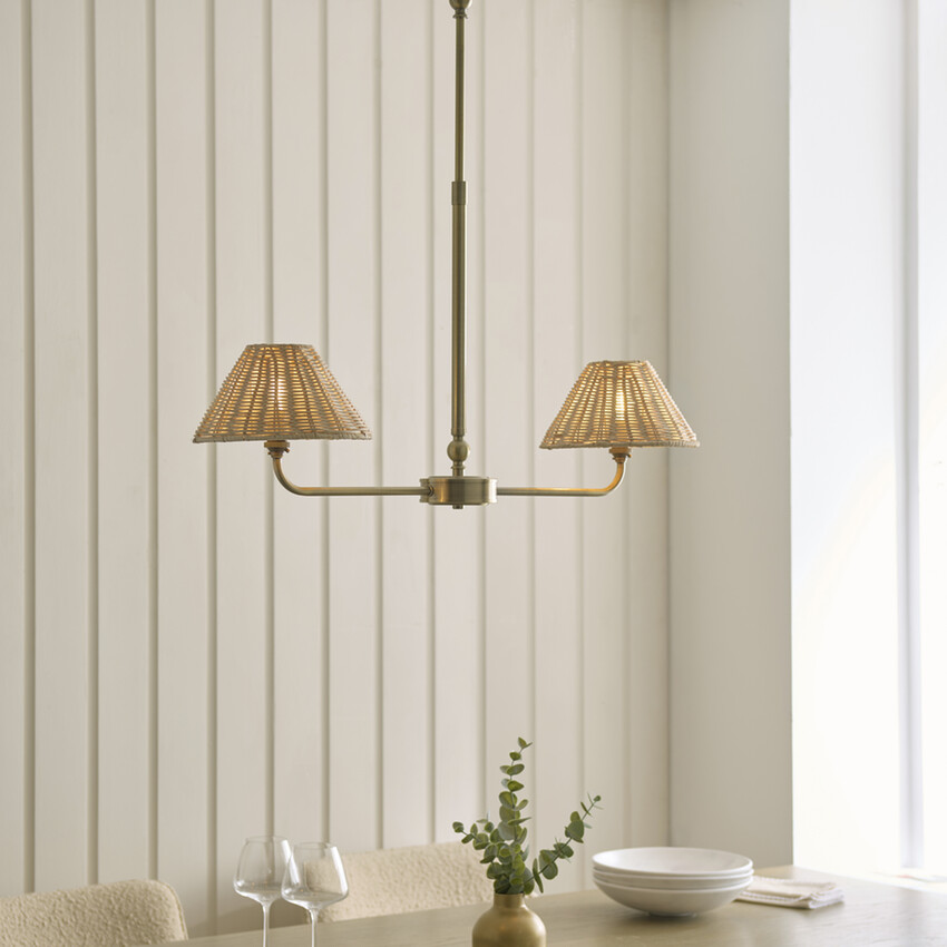 Photograph: Jericho 2 Light Linear Telescopic Pendant Antique Brass With Natural Rattan Shades