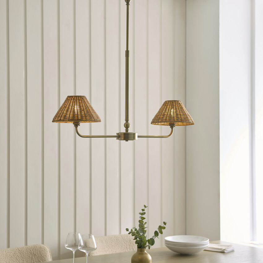 Photograph: Jericho 2 Light Linear Telescopic Pendant Antique Brass With Warm Brown Rattan Shades