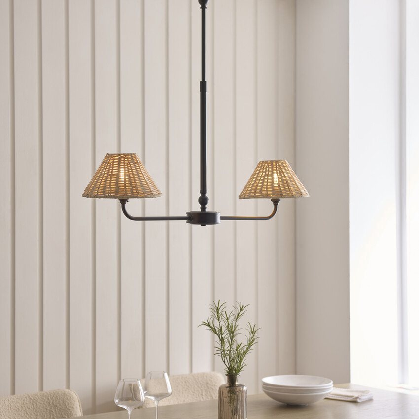 Photograph: Jericho 2 Light Linear Telescopic Pendant Matt Black With Natural Rattan Shades